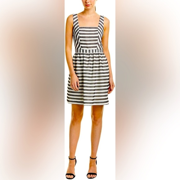 Trina Turk Calabazar Black & White Striped Eyelet Mesh Fit & Flare Dress 12 - Picture 1 of 11